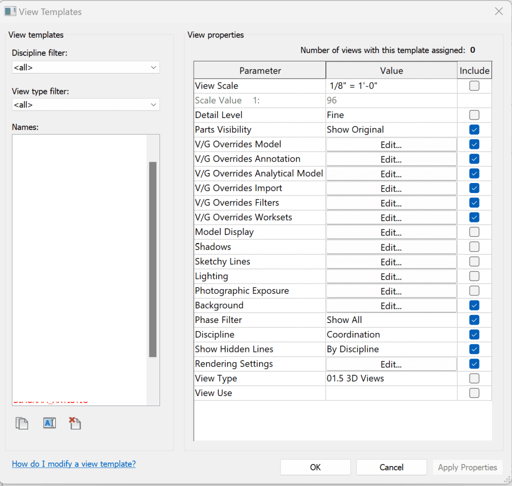 Revit template view template